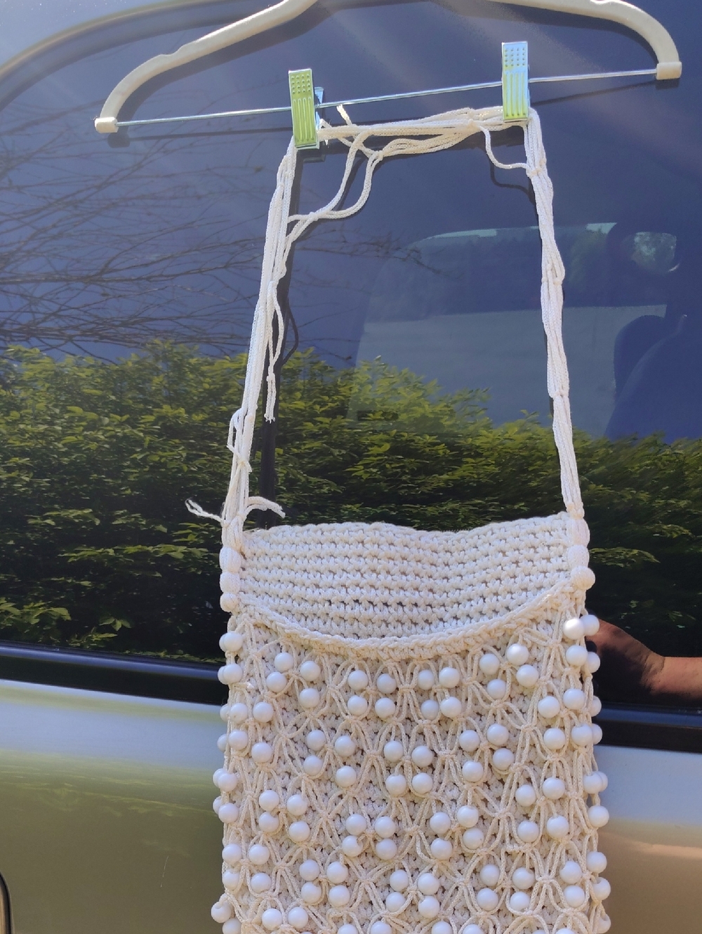 Handwoven White Macrame Crossbody Bag with Bead Detailing